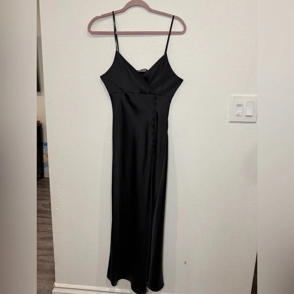 ZARA Black Satin Wrap Midi Dress XS | Side Button Slip Dress Elegant Minimalist - Picture 2 of 8